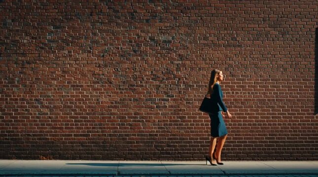 Woman walking past brick wall in sunlight shadow of business attire