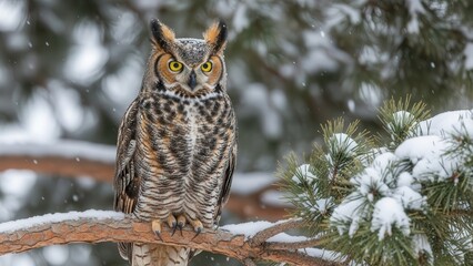 Owl perched on snowy branch.
