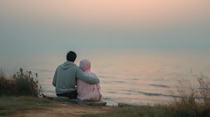 Couple sitting together watching sunset over ocean from grassy cliff, romantic evening moment with peaceful water view and soft pastel sky colors.