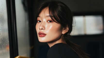 Portrait of a contemplative woman with serene expression leaning against a reflective glass surface bathed in soft natural light, wearing elegant dark attirecontemplative