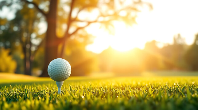 Golf Tee Shot Ready at Golden Hour on Fairway