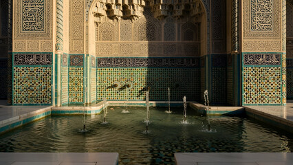 Ancient Mosque Courtyard with Intricate Tiles and Columns