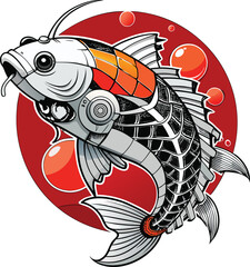 Futuristic cybernetic koi fish mascot with red sun background