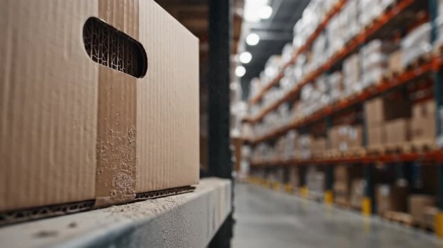Warehouse storage shelves with cardboard boxes and logistics