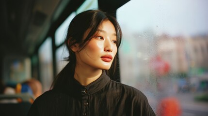 Thoughtful young woman gazing out bus window at cityscape during daytime commute, introspective and serene atmosphere captured beautifullyintrospection