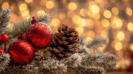 Festive arrangement of red ornaments, pine cones, and frosted evergreen branches with warm glowing lights creating a cozy holiday atmosphere