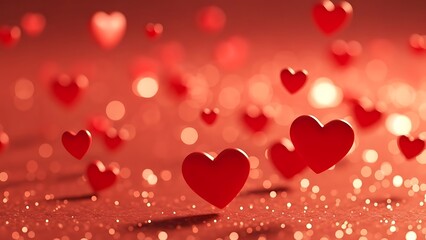 Romantic red hearts floating on sparkly surface