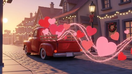 Red truck driving down quaint street with heart decorations