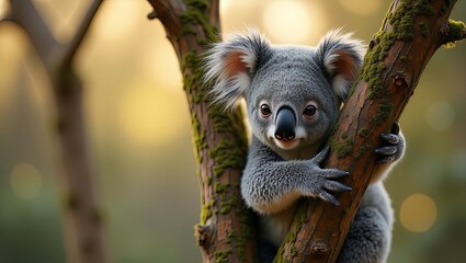 A koala perched on a tree branch in a forest, gazing directly at the camera with a serene expression.