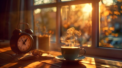 Outdoor Morning Study with Coffee, Book, and Alarm Clock