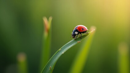 A ladybug perched on a leaf in a lush green meadow during sunrise
