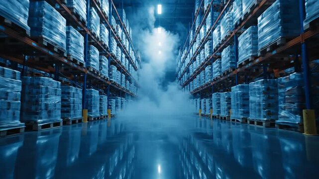 Warehouse storage rows with smoke and blue lighting