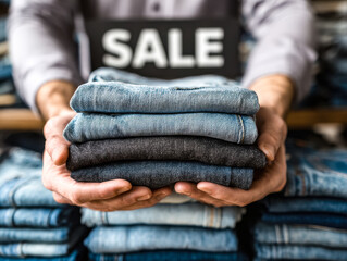 Person holding neatly folded jeans at a clothing sale event
