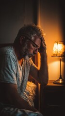 Thoughtful Elderly Man Sitting on Bed in Dimly Lit Room with Soft Lamp Light, Reflecting Nighttime Solitude and Contemplation