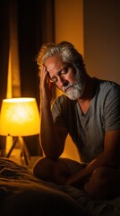 Older man with grey hair and beard sitting on bed, holding head in hand, under warm lamp light, expressing deep thought and fatigue