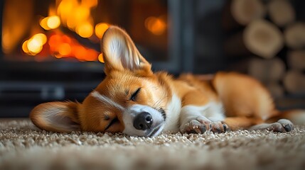 Adorable Shiba Inu puppy sleeping peacefully on soft carpet near cozy fireplace with warm flames and stacked firewood creating comfortable home atmosphere.