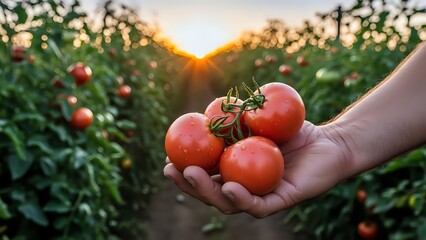 Fresh ripe tomatoes in farmer hands at sunset in organic garden field. Harvest time concept for healthy eating and sustainable agriculture production.