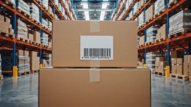 Warehouse storage shelving with cardboard boxes and pallet