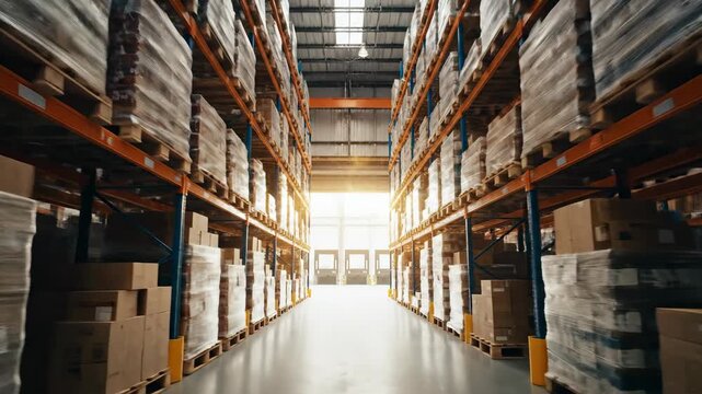 Warehouse storage shelving rows with boxes and sunlight rays