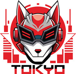 Cyberpunk kitsune fox mascot with tokyo text and red sun