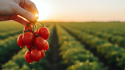 Hand holding fresh ripe red cherry tomatoes at sunset in agricultural field. Organic farming harvest concept for healthy eating and sustainable agriculture.