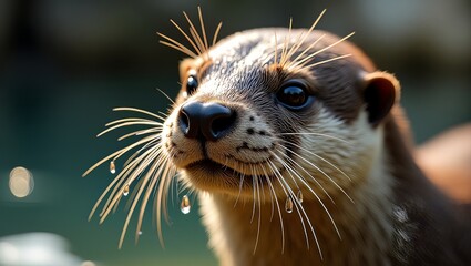 An otter's face is captured in a close-up shot, its whiskers dripping with water as it gazes directly into the camera lens