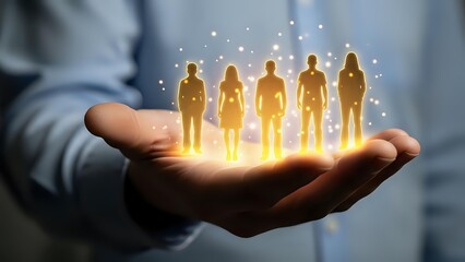 Business professional holding glowing human figures in palm representing team management, leadership development, and human resources strategy.