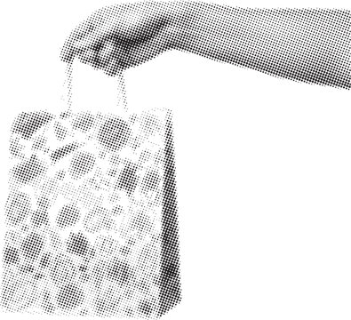 A pixelated half tone dots image of a hand holding a shopping bag halftone, duotone collage vector illustration. Vintage dotted textured mockup. Isolated on transparent background.