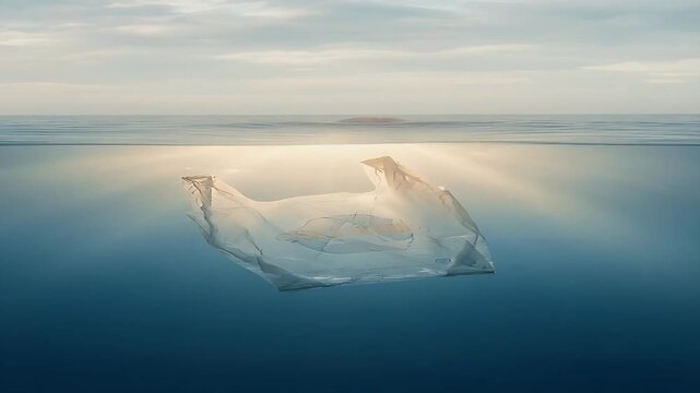 Translucent Plastic Bag Floating in Dark Blue Ocean Water Under Bright Sky With Sun Rays