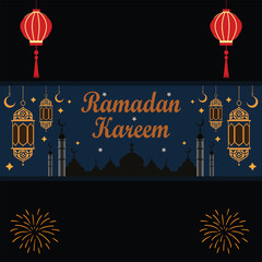 Ramadan Kareem Festive Banner with Lanterns, Mosque Silhouette, and Fireworks.eps