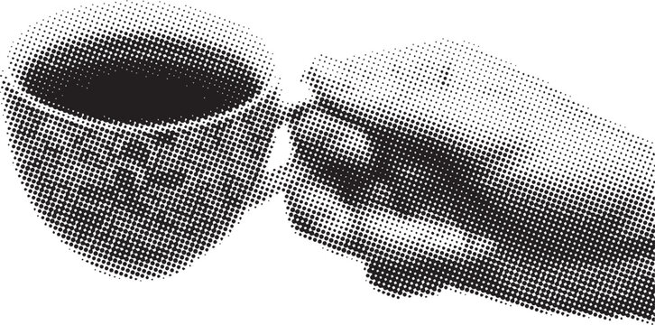 A pixelated half tone dots image of a hand holding a cup of tea halftone, duotone collage vector illustration. Muted colored with vintage dotted textured, isolated on transparent background.