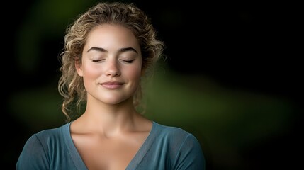 Young blonde woman with curly hair and closed eyes in peaceful meditation pose wearing teal blue top against dark green blurred background for wellness content.