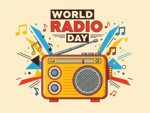 Colorful World Radio Day Illustration with Retro Transistor and Music Notes