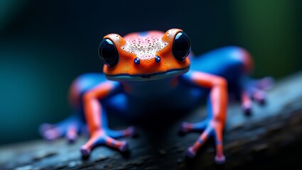 Vibrant poison dart frog perched on log in lush rainforest, close-up shot from a low angle.