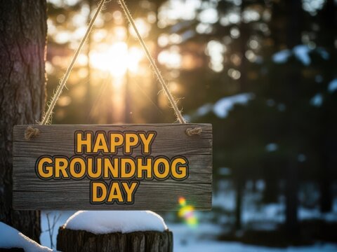 Happy Groundhog Day Text on Hanging Wooden Sign in Winter Woods