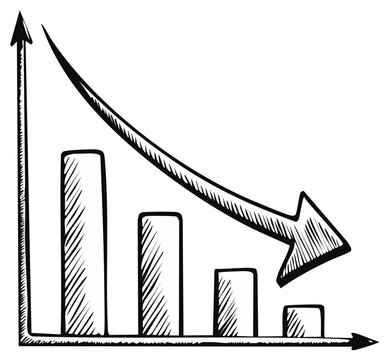 Hand Drawn Bar Graph Displaying Decline Trend with Decreasing Blocks and Falling Arrow