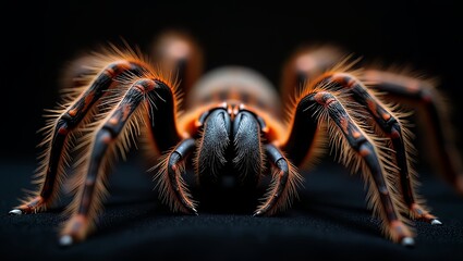 A close-up view of a tarantula's hairy legs and body on a dark background