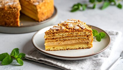 A layered dessert, with a slice on a plate, sits next to the whole. Green herbs accent the display