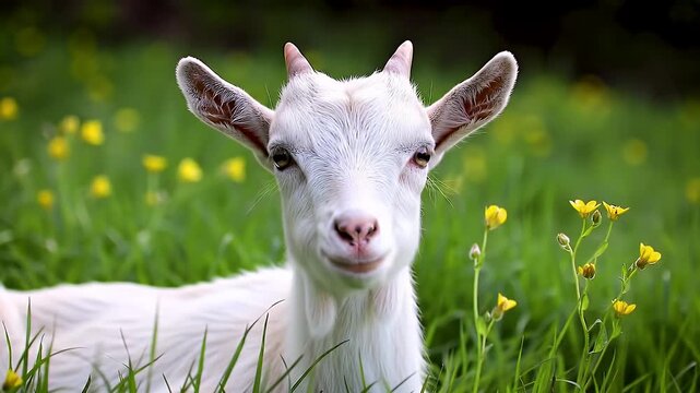 Close Up White Goat Kid Portrait in Lush Green Grass with Yellow Wildflowers
