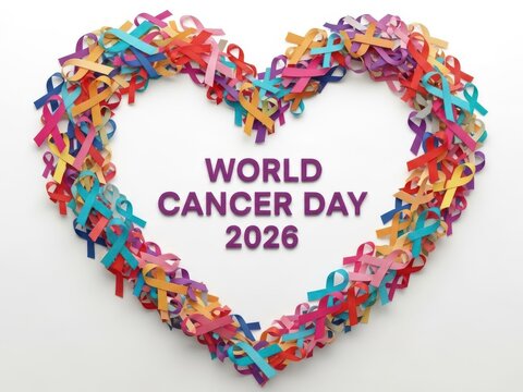 World Cancer Day 2026 Heart Shape Concept with Multicolored Ribbons