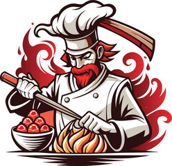 Angry chef mascot cooking spicy food with fire vector illustration