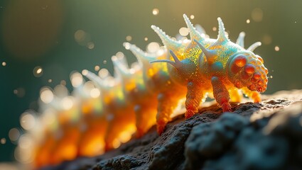 Vibrant Caterpillar on Rocky Terrain with Iridescent Spikes under Warm Sunlight