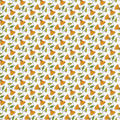 Pattern Of Orange Flowers And Green Leaves On White Background For Seamless Floral Design
