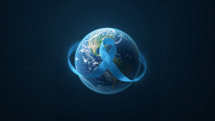 Fototapeta premium Globe wrapped in blue ribbon symbolizing global awareness and support