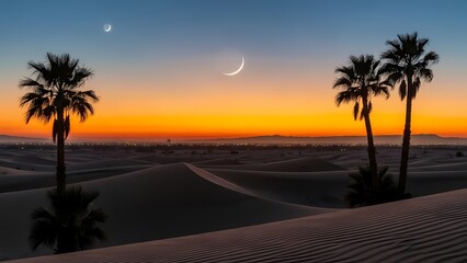 Vast desert landscape at sunset with palm trees silhouetted against a colorful sky with crescent moons