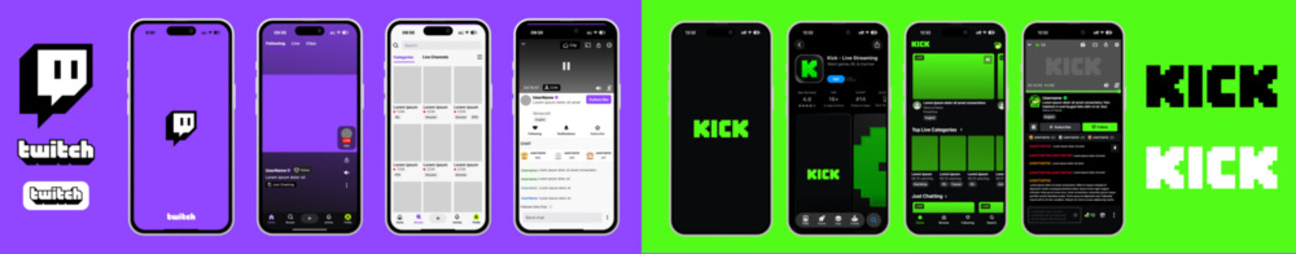 Twitch and Kick UI template 2026 update shown on iPhone 17 in light mode, modern mobile interface design for streaming apps, vector preview for app screens and interactions.