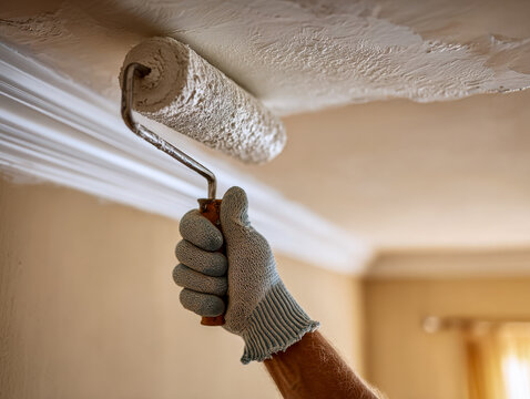 Hand wearing a protective glove using a paint roller to apply white paint on a ceiling near decorative molding in a cozy room interior