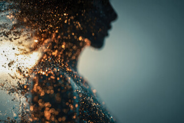 Silhouette of a woman dissolving into glowing particles representing transformation and the ethereal connection between human form and light in a surreal scene