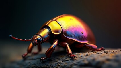 A metallic beetle crawls on a rocky surface with a dark background and subtle lighting