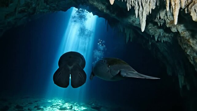 Manatees explore a sunlit underwater cave system